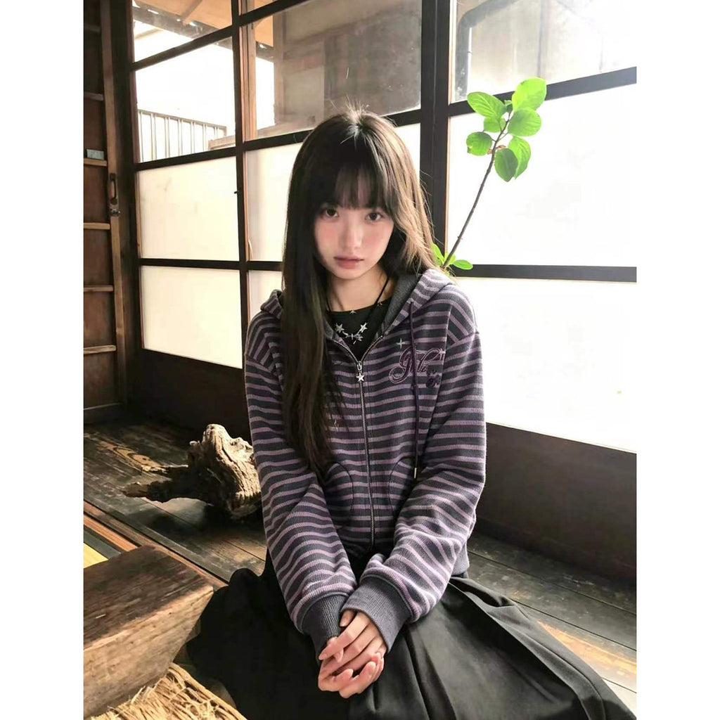 RICKY LUCKY アメカジ サブカル風 ストライプ柄 ポケット付き フード付き ジップパーカー レディース