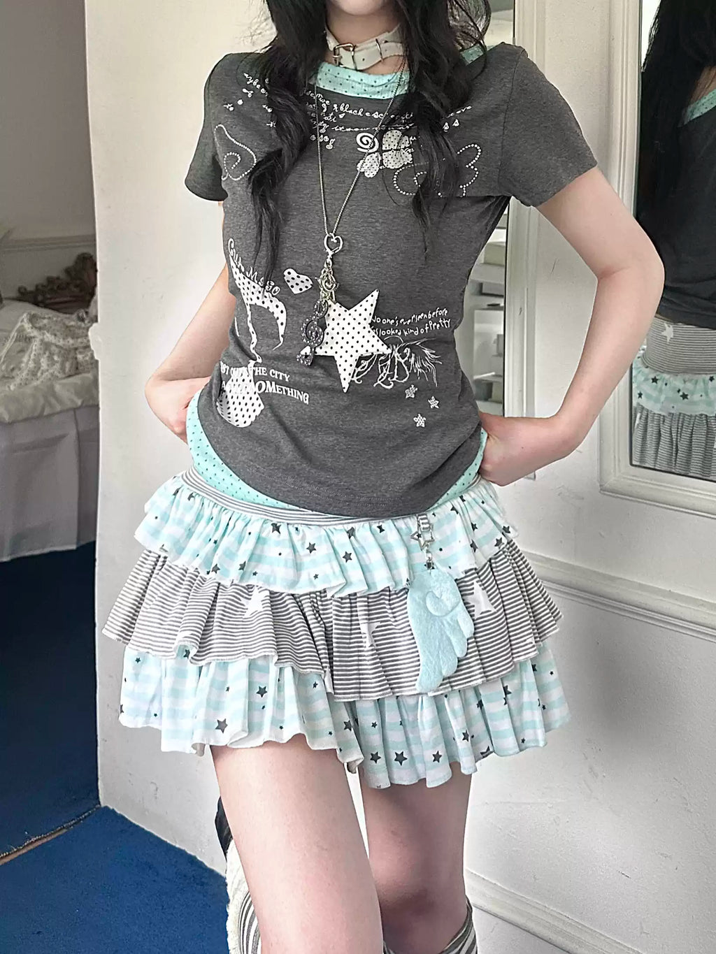 Women's Y2K Star Stripe Layered Cake Mini Skirt with Built-in Shorts – Summer A-Line Skort