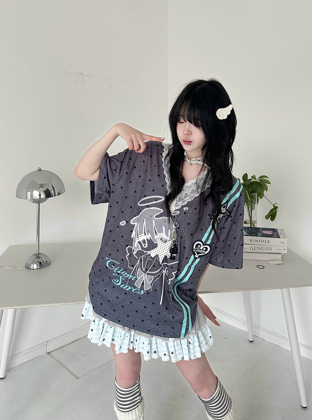 Y2K Harajuku Anime Polka Dot T-Shirt Women Sweet Lolita Lace V-Neck Short Sleeve Top | Loose Fit Kawaii Aesthetic Clothing