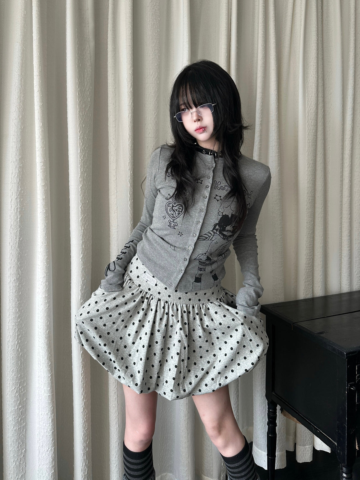 RICKY LUCKY 春新作 二次元アニメプリント ショート丈カーディガン フレアスリーブTシャツ Y2K