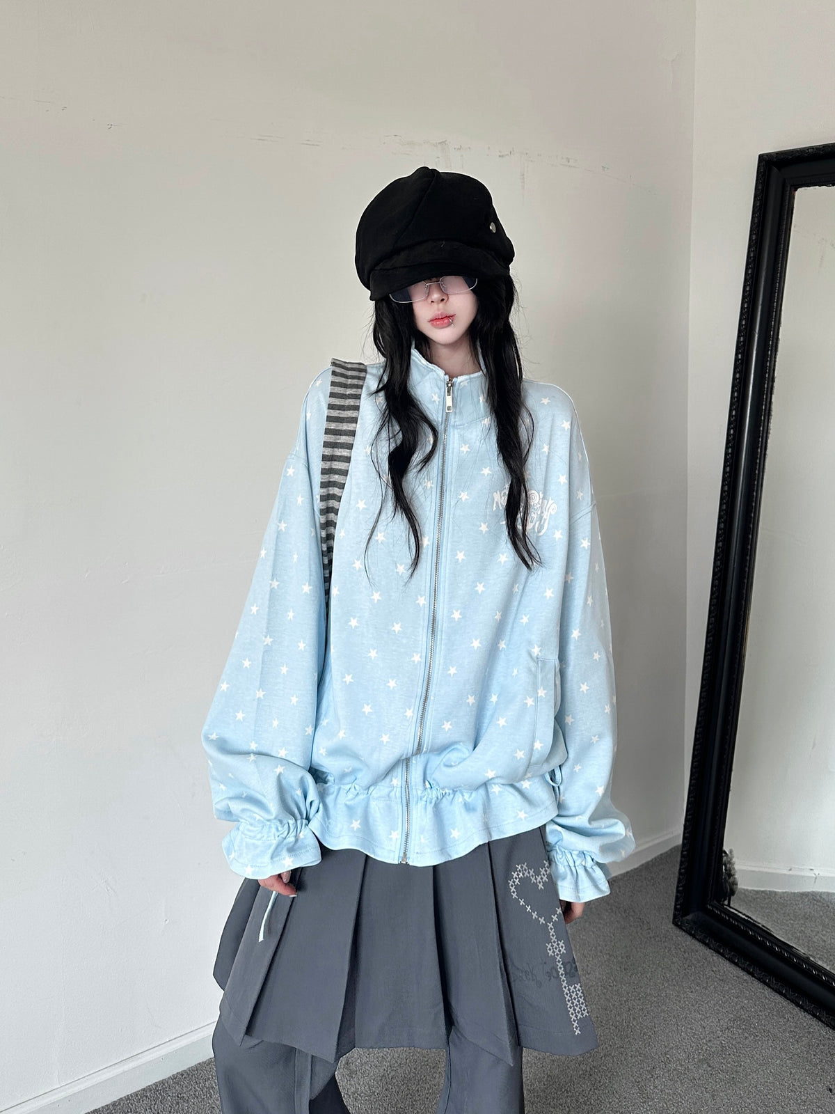 RICKY LUCKY グレー スター柄 ドロスト フリル パフスリーブ ジップパーカー ゆったり