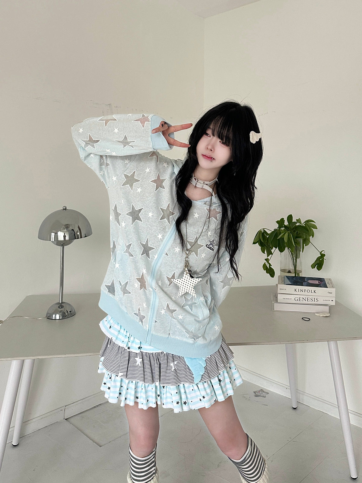 RICKY LUCKY 韓国風 スター刺繍 シアー パーカー 薄手 UVカット 防晒 紫外線対策