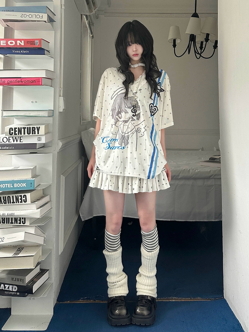Y2K Harajuku Anime Polka Dot T-Shirt Women Sweet Lolita Lace V-Neck Short Sleeve Top | Loose Fit Kawaii Aesthetic Clothing