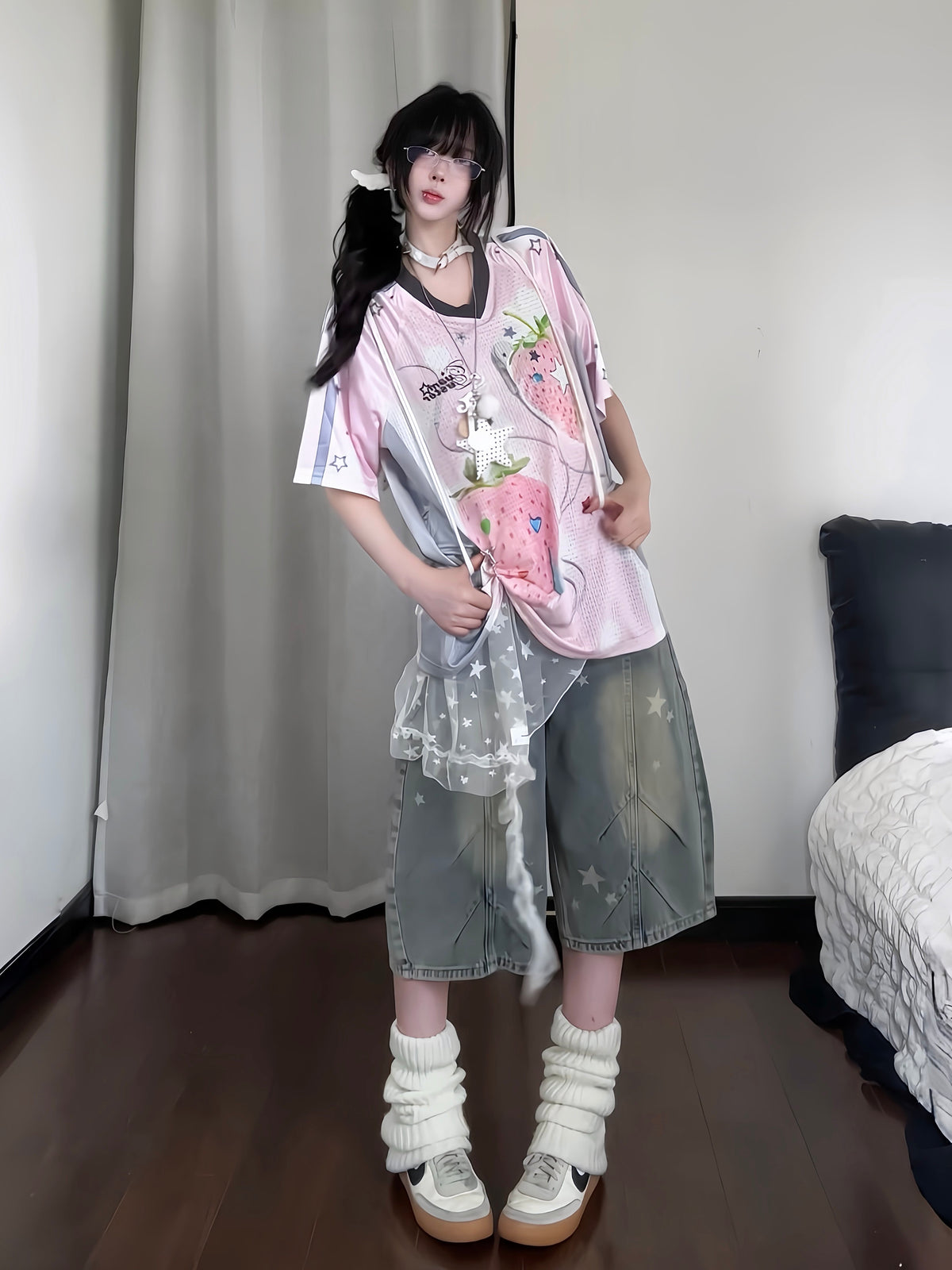 RICKY LUCKY アメカジ ヴィンテージ スタープリント 7分丈 デニムパンツ レディース 夏 ワイドハーフパンツ