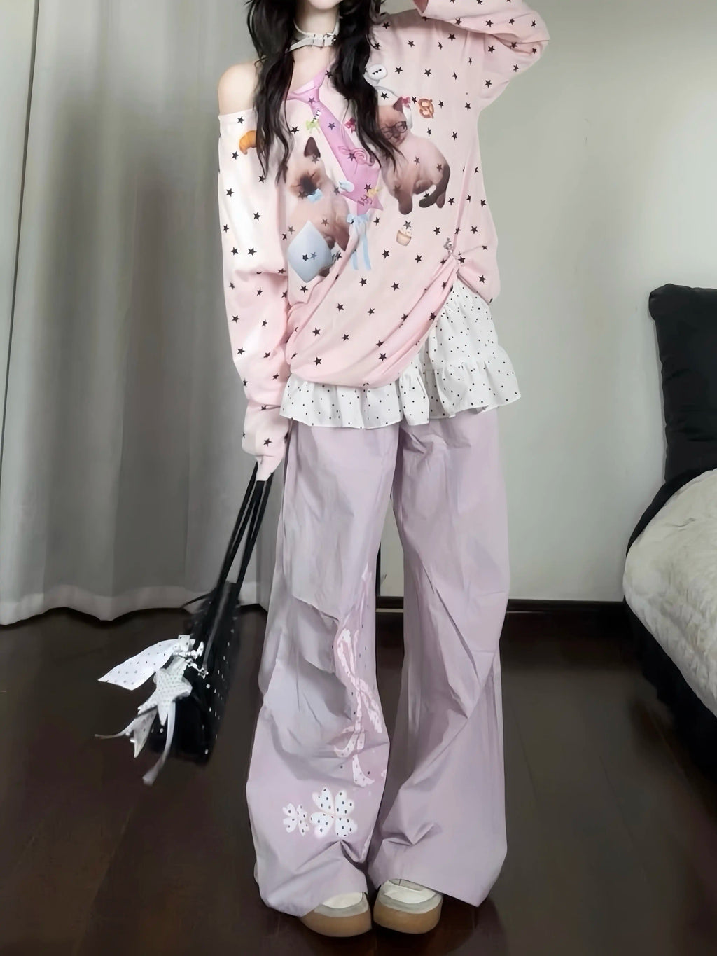 Women's Cute Lace Patchwork Wide Leg Parachute Pants - Casual Summer Straight Leg Trousers #G002