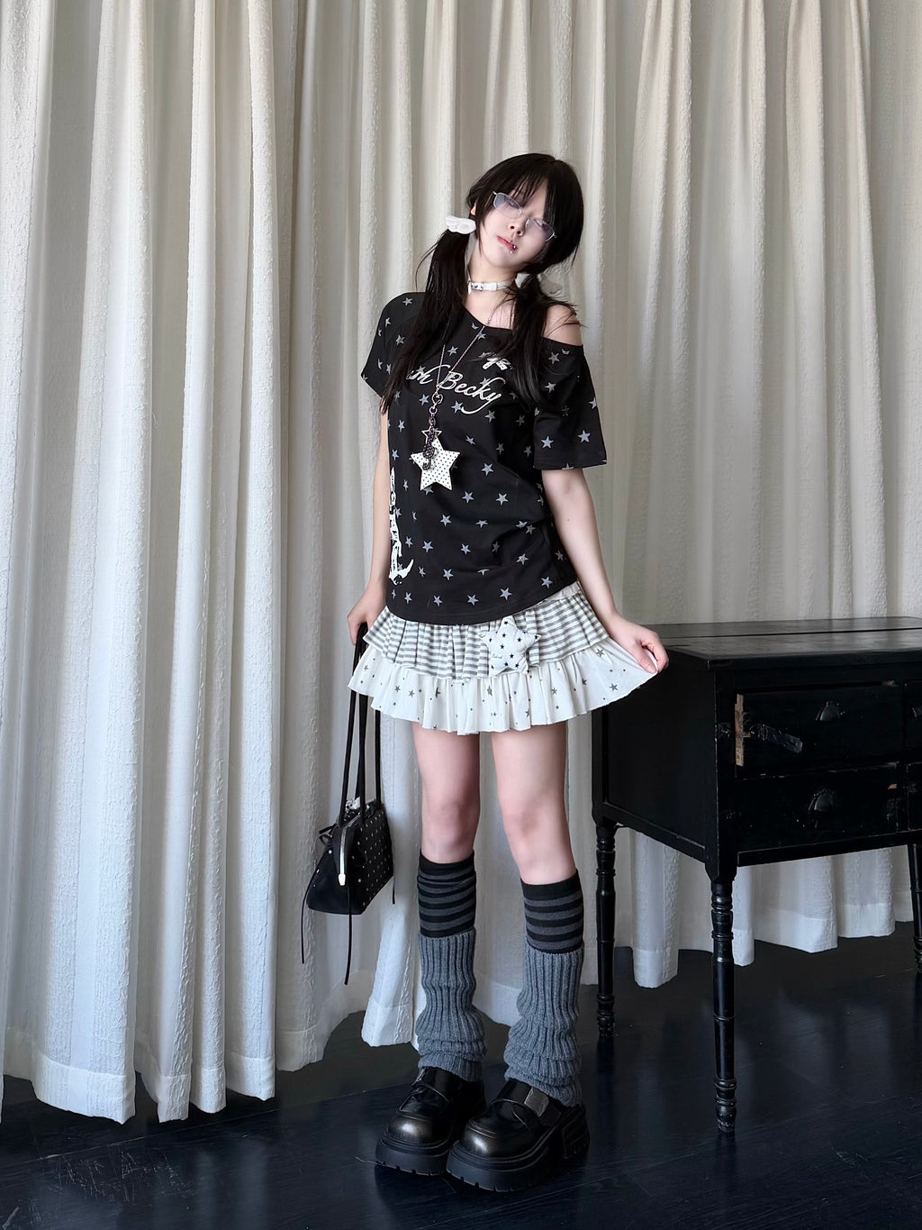 RICKY LUCKY Y2K アシンメトリー ワンショルダー Tシャツ 星柄 プリント スリム 半袖カットソー