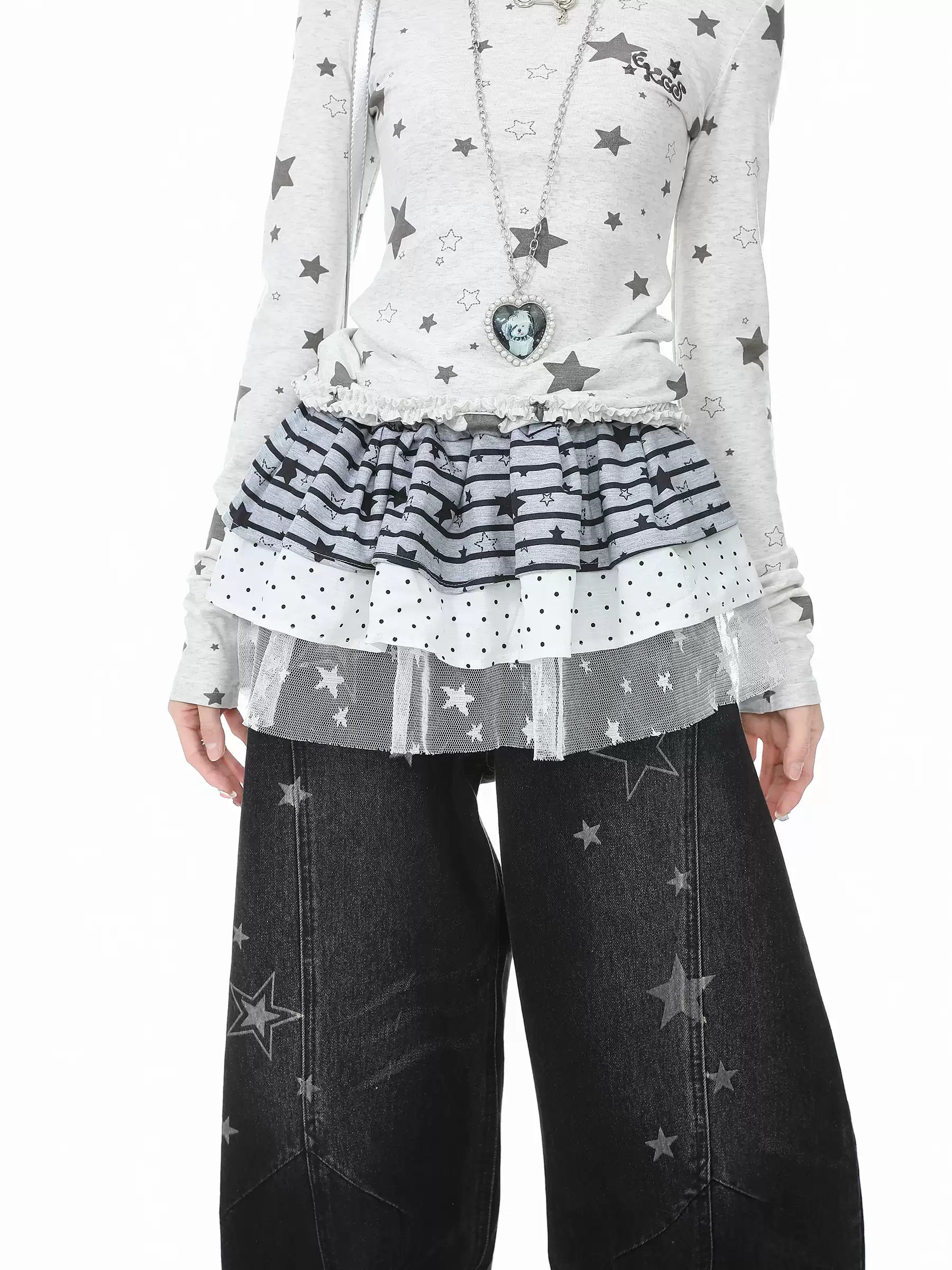 Ricky Lucky Women's Striped Star Lace Patchwork Mini Skirt – Layering Base Skirt Languid Park56456