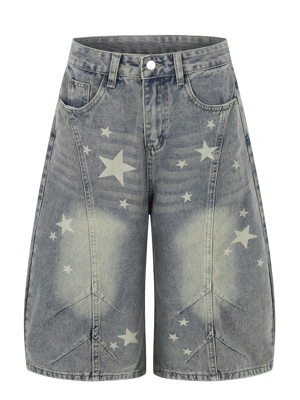 RICKY LUCKY アメカジ ヴィンテージ スタープリント 7分丈 デニムパンツ レディース 夏 ワイドハーフパンツ