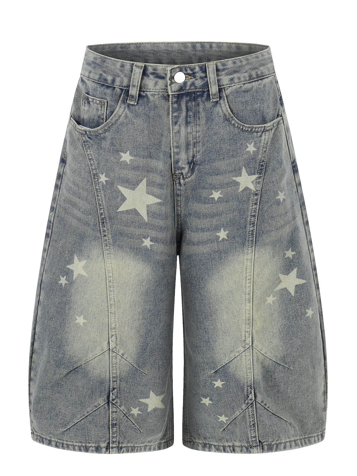 RICKY LUCKY アメカジ ヴィンテージ スタープリント 7分丈 デニムパンツ レディース 夏 ワイドハーフパンツ