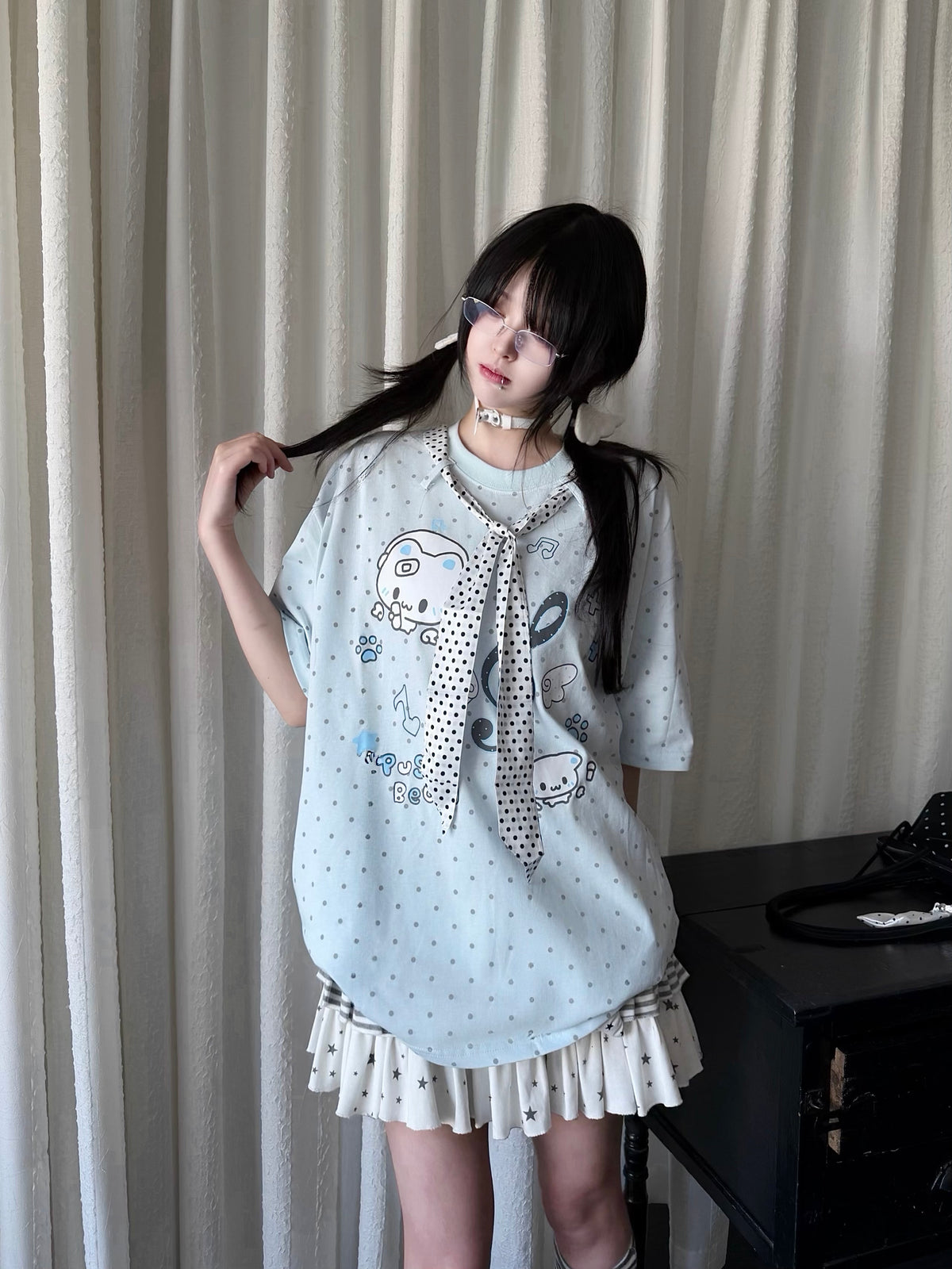 RICKY LUCKY 宅系 サブカル ネコ柄 ドット柄 ネクタイ付き 半袖 Tシャツ ルーズ Tシャツ