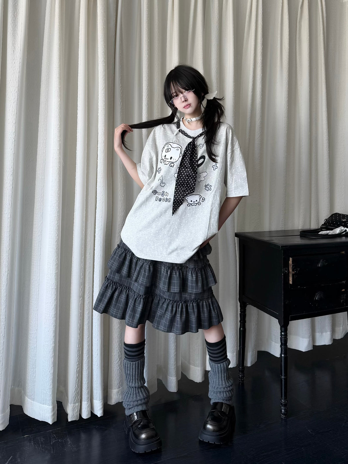 RICKY LUCKY 宅系 サブカル ネコ柄 ドット柄 ネクタイ付き 半袖 Tシャツ ルーズ Tシャツ
