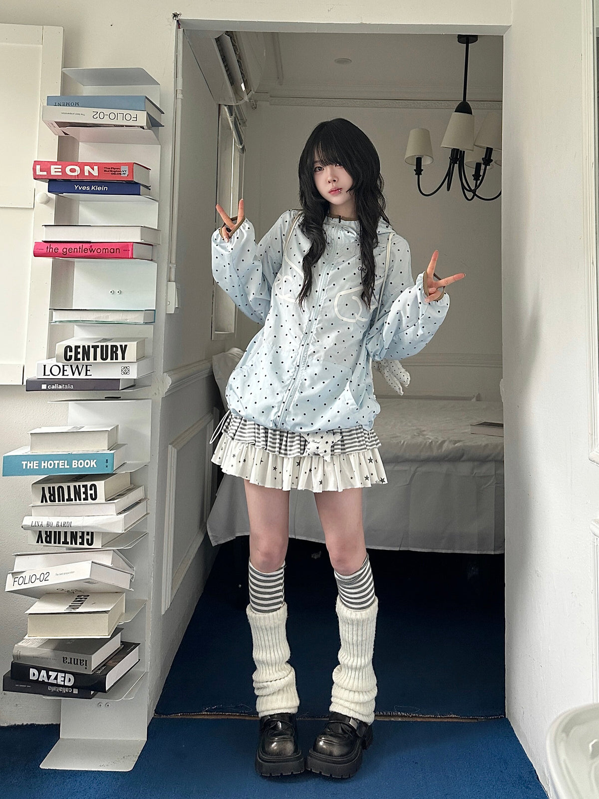 RICKY LUCKY ドット柄 ウイングプリント フード付き 防晒パーカー 薄手 夏 アウター