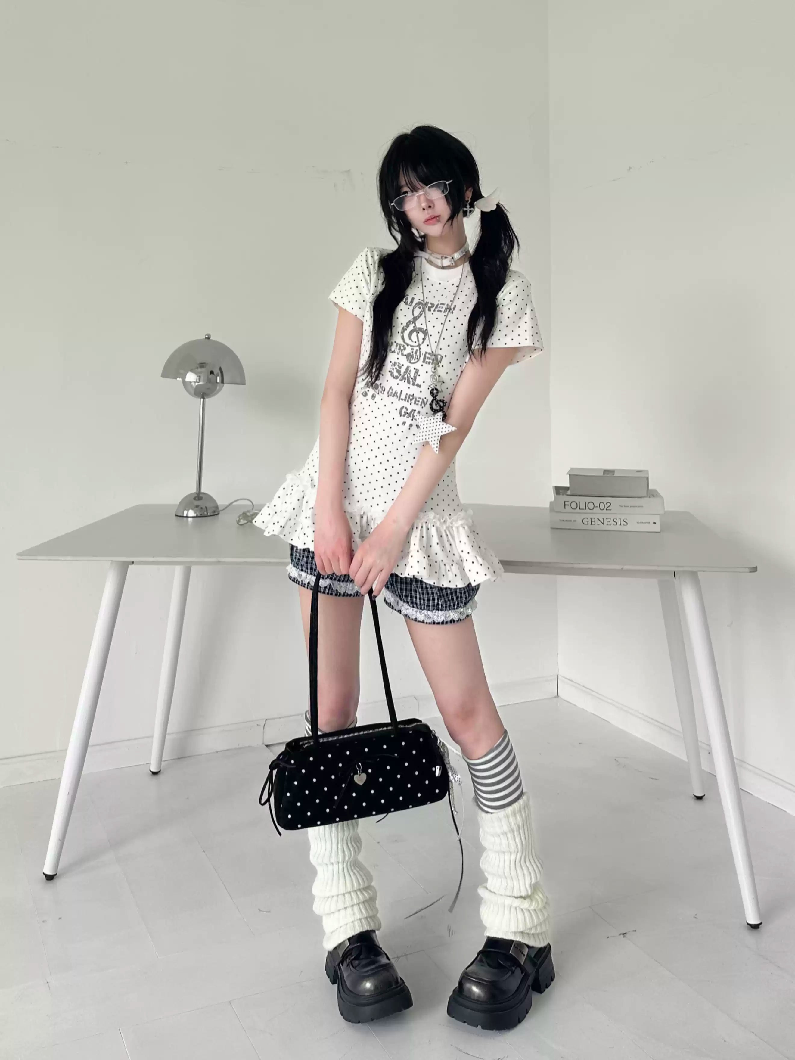 Women's Y2K Polka Dot Lace Ruffle Baby Tee - Cute Slim Fit Short Sleeve T-Shirt #G005