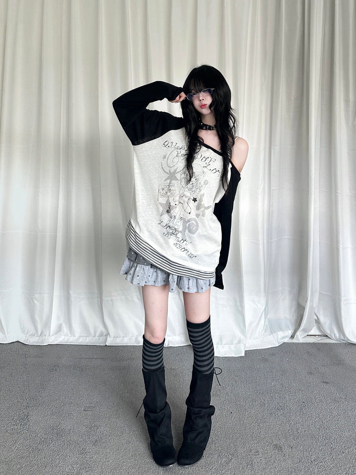 RICKY LUCKY レトロ ストライプ柄 レイヤード風 ワンショルダー 長袖Tシャツ ゆったり