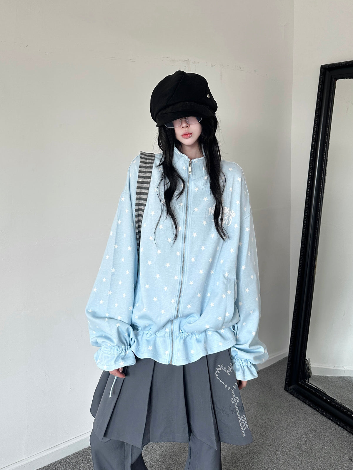 RICKY LUCKY グレー スター柄 ドロスト フリル パフスリーブ ジップパーカー ゆったり