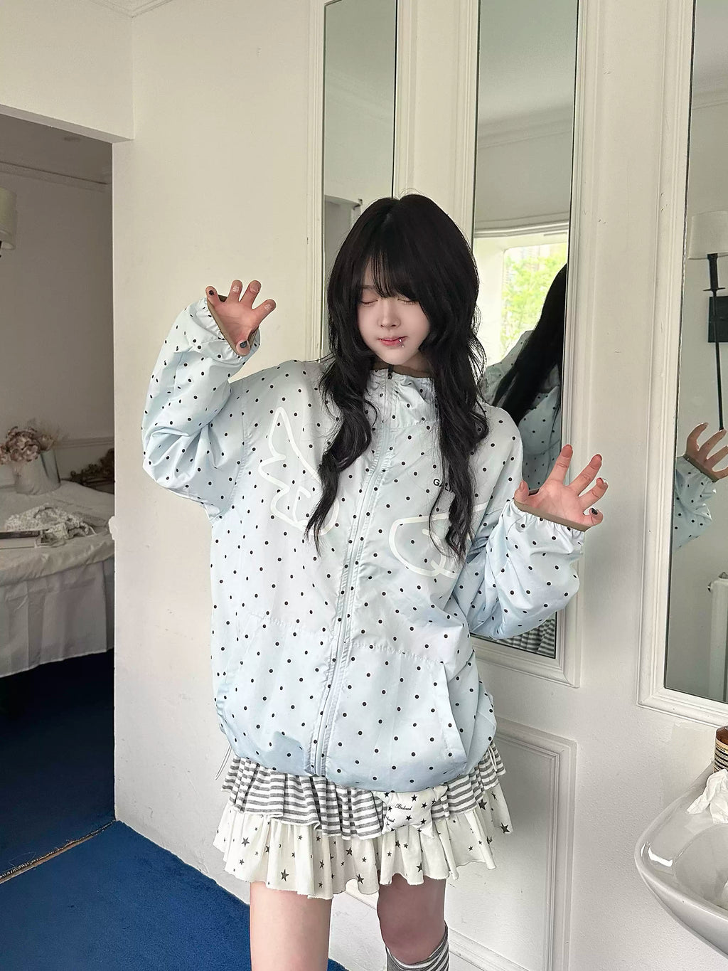 Y2K Harajuku Sun Protection Jacket Women Summer  Cute Wing Polka Dot Print Hooded Coat Kawaii Loose Casual Outerwear