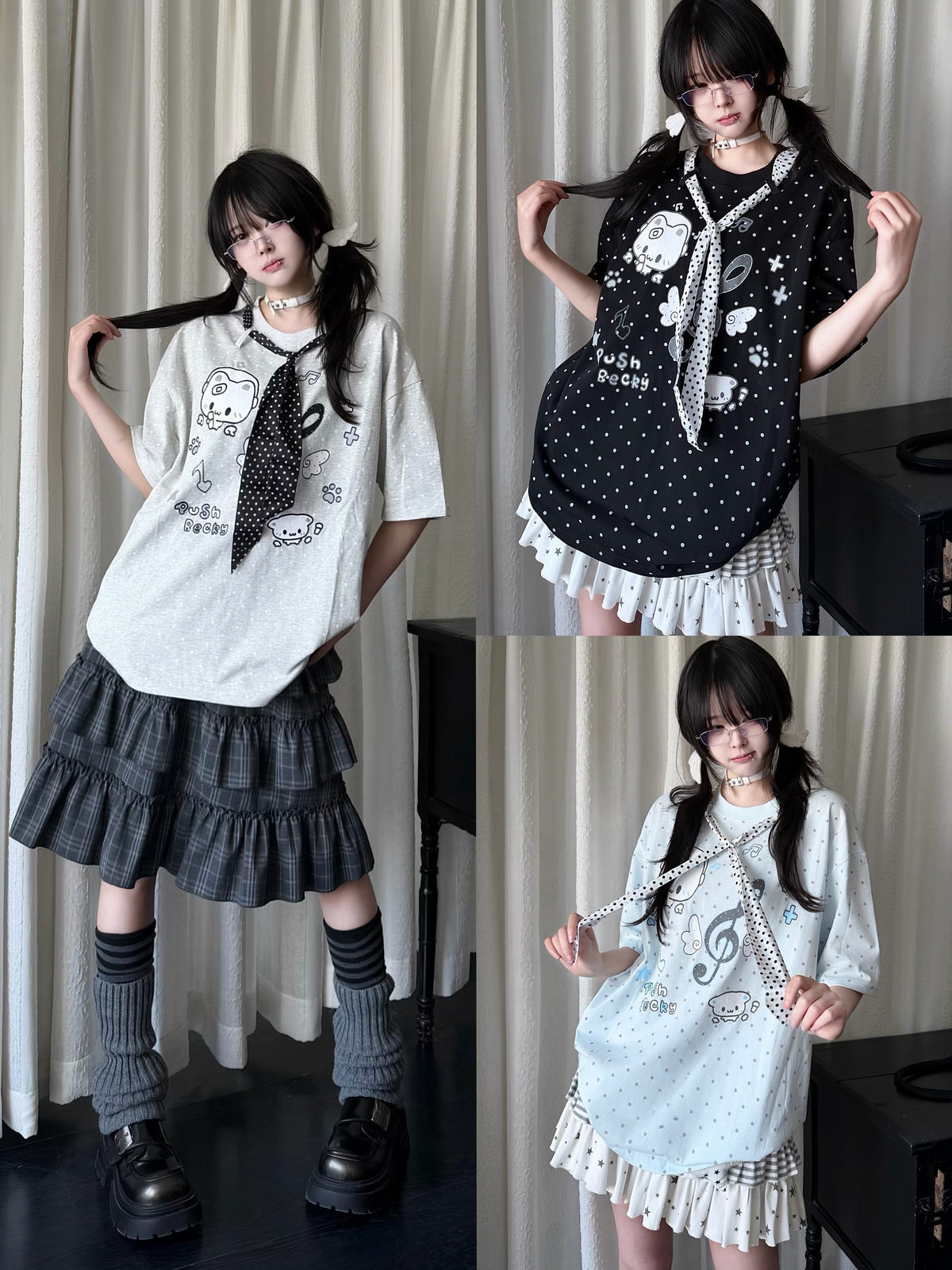RICKY LUCKY 宅系 サブカル ネコ柄 ドット柄 ネクタイ付き 半袖 Tシャツ ルーズ Tシャツ