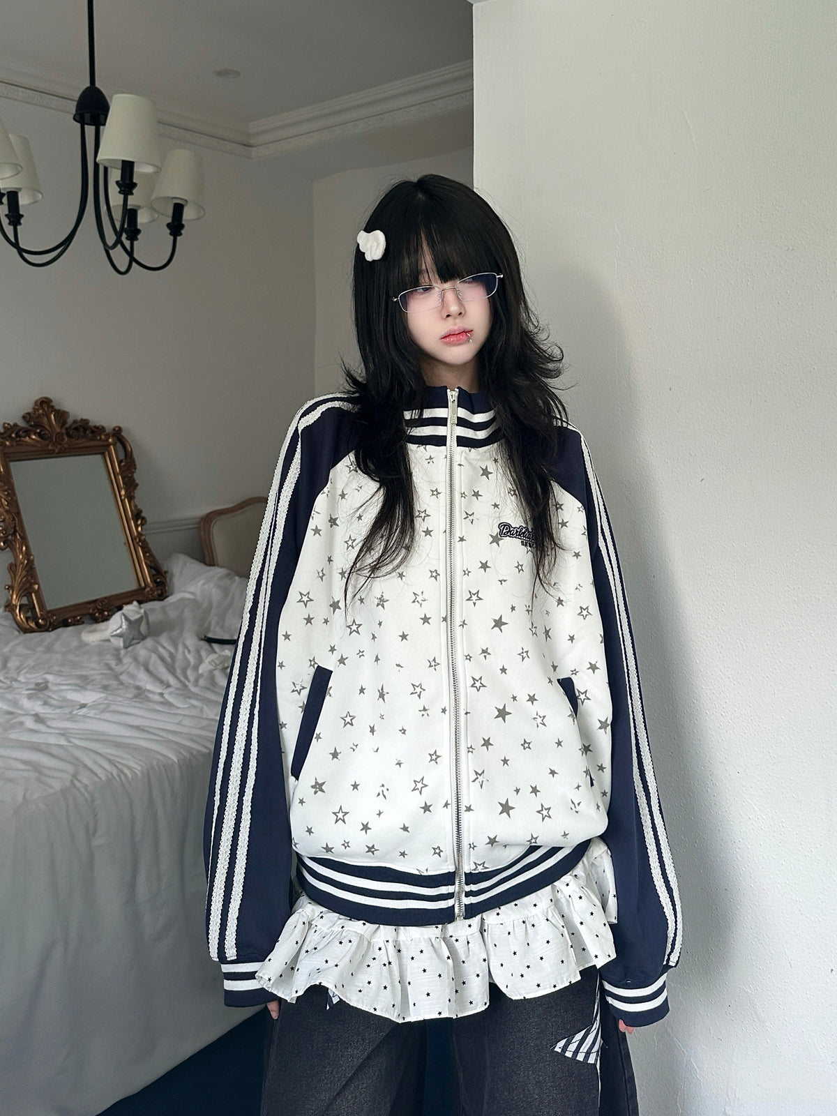 RICKY LUCKY 秋新作 星柄プリント バイカラー切替 スタジャン オーバーサイズ