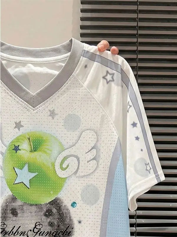 Korean Style Loose Fit Short Sleeve T-Shirt Unisex Comfortable Cotton Polyester Blend Print Contrast Color Block Trendy Top