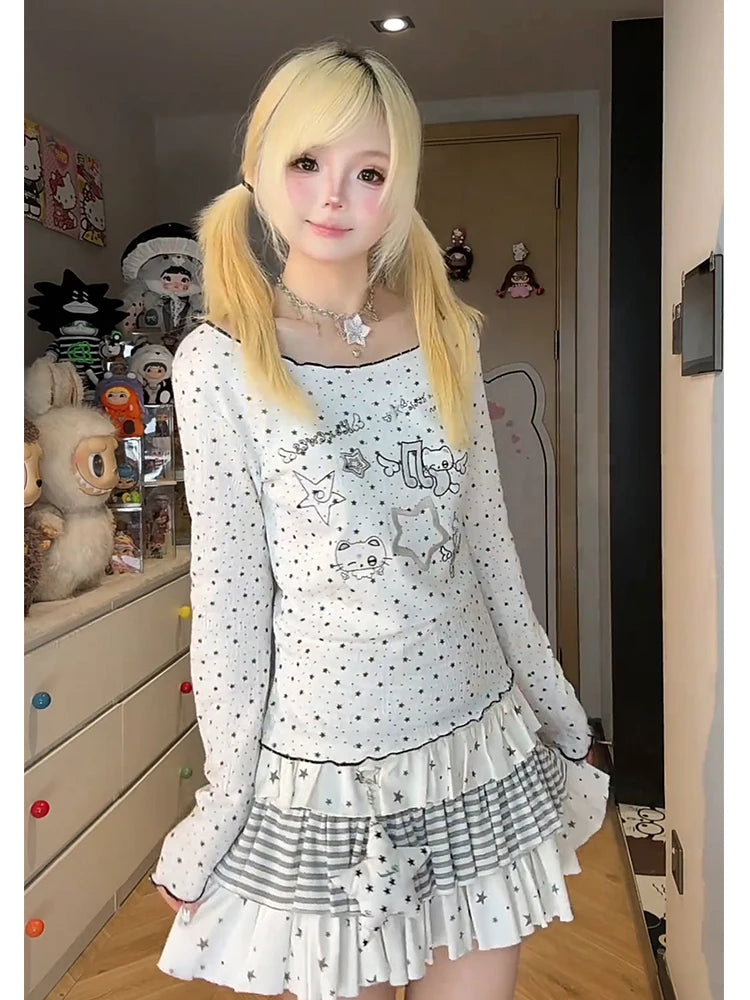 Y2K Style Star Print Long Sleeve Short T-Shirt Women's Slim Fit Large Collar Sexy Girl Top Breathable Cotton Polyester Blend