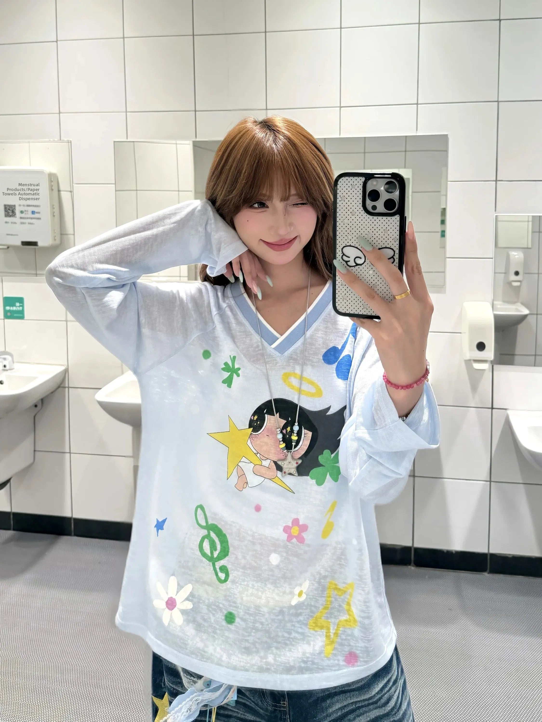 BeOurRule Long Sleeve T-Shirt Women's Y2K Slim Fit Printed V-Neck Shoulder Insert Design Casual Fashion Polyester Blend Top