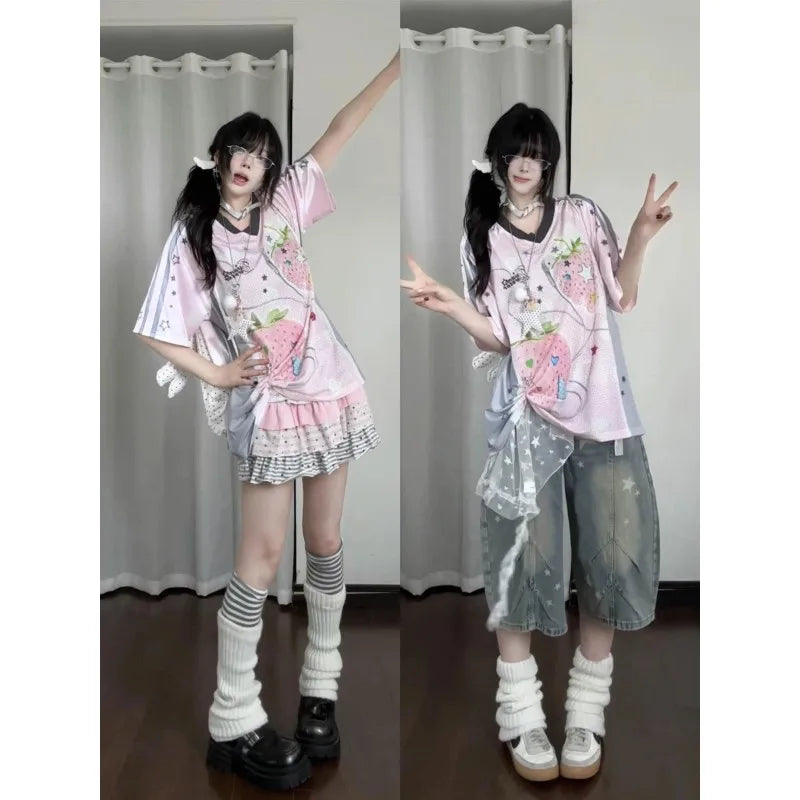 Y2K Style Fruit Pattern Short Sleeve T-Shirt Women's Loose Korean Style Summer Top Fun Print Casual American Feeling