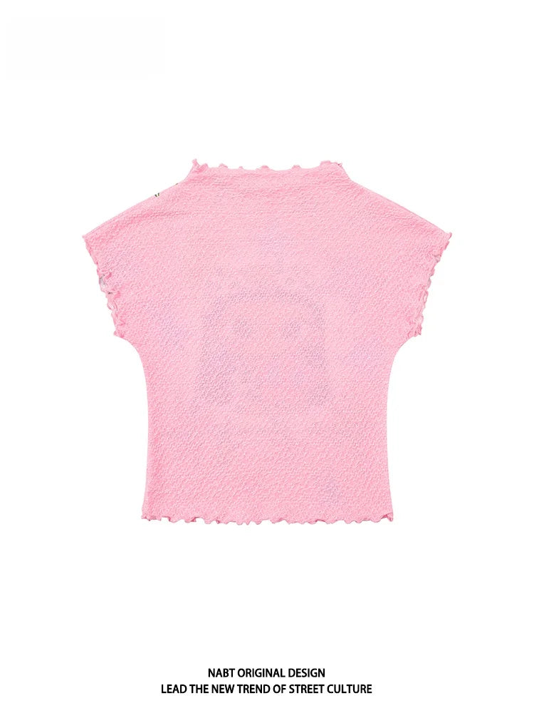 Original Cartoon Star Cool Sweet Style Short Sleeve Slim Fit Women's T-shirt Summer Home Cute Short Top with Wood Grain