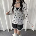 Japanese Y2k Hooded T-shirt Vintage 2000s Style Tops Grunge Harajuku Star Print Long Sleeves T Shirt Korean Streetwear