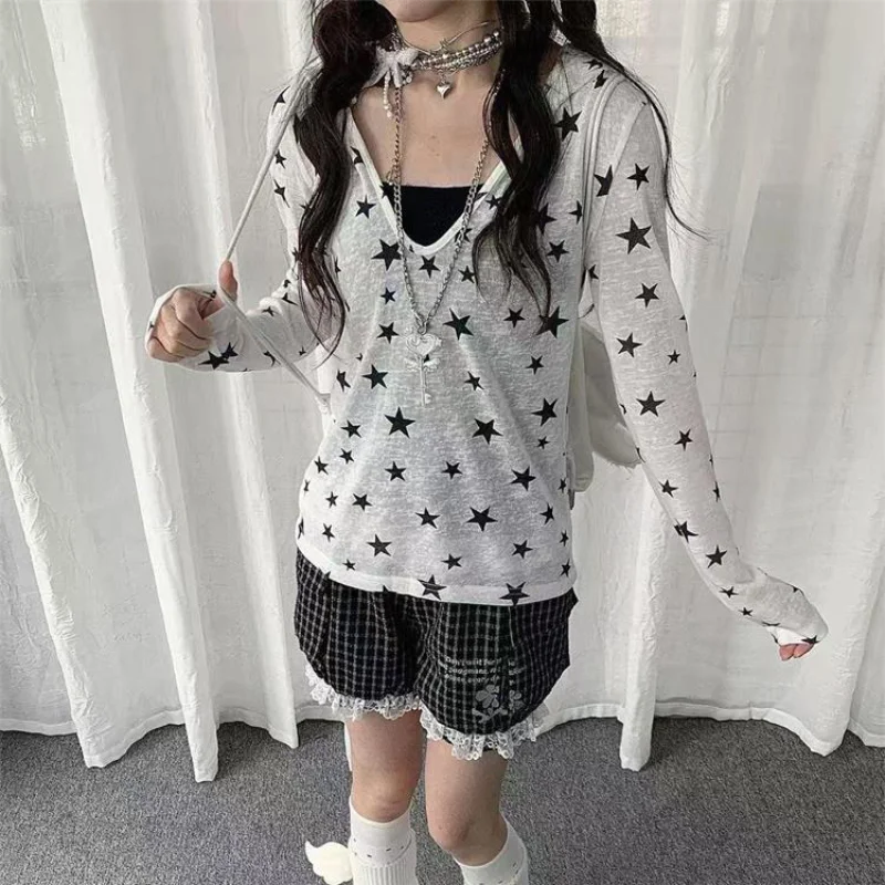 Japanese Y2k Hooded T-shirt Vintage 2000s Style Tops Grunge Harajuku Star Print Long Sleeves T Shirt Korean Streetwear