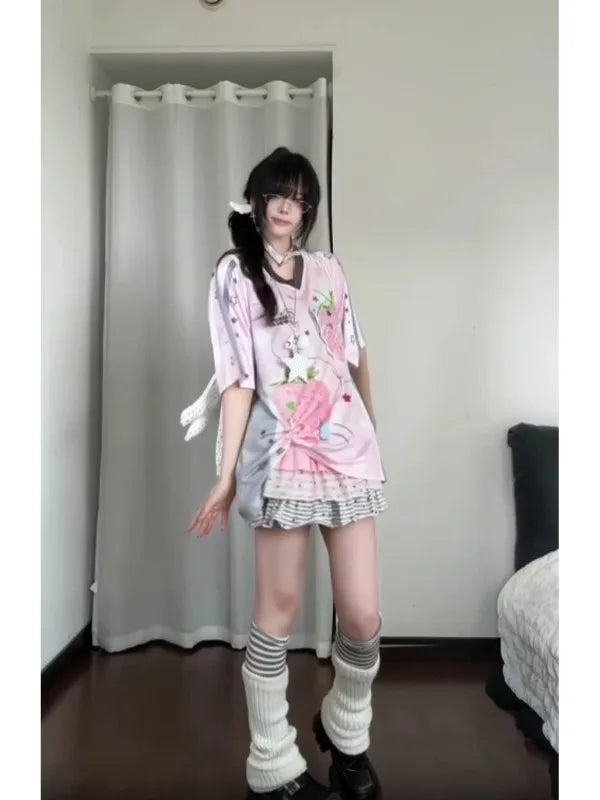 Y2K Style Fruit Pattern Short Sleeve T-Shirt Women's Loose Korean Style Summer Top Fun Print Casual American Feeling