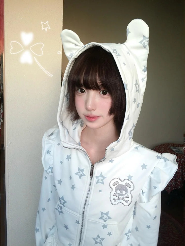 Cute Skull Ear Hoodie Sweatshirt Set Spring Long Sleeve Zipper Closure Matching Tulle Pants Two-Piece Set Fashionable Outfit