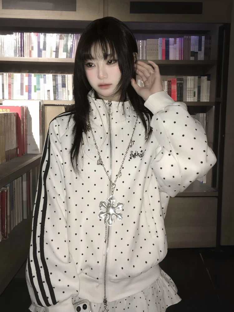 Japanese Style Polka Dot Jacket Women's Spring New Sport Stand Collar Sweatshirt Open Cardigan Y2K Light Asian Style Top