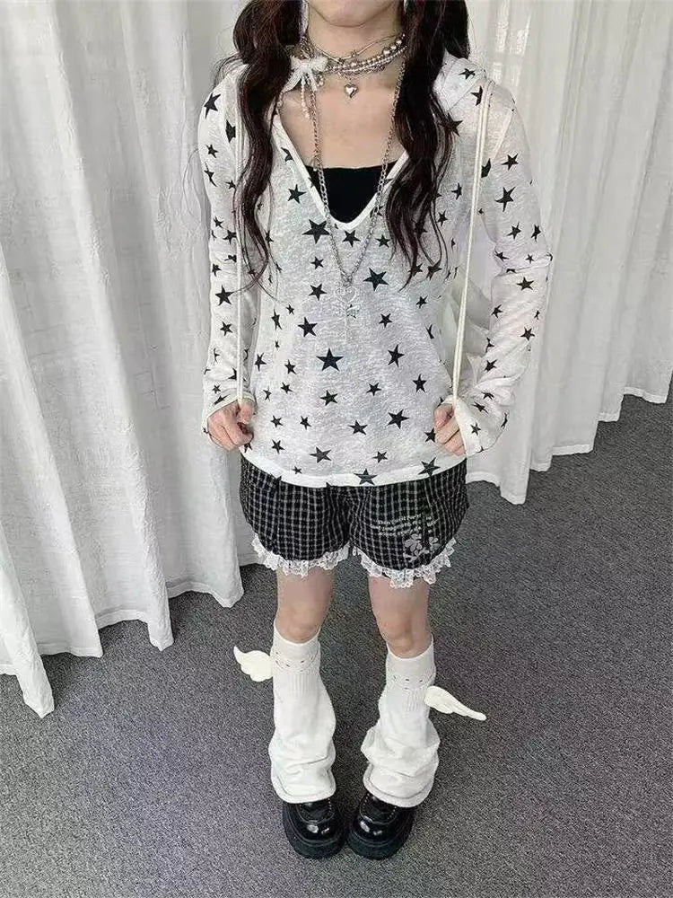 Japanese Y2k Hooded T-shirt Vintage 2000s Style Tops Grunge Harajuku Star Print Long Sleeves T Shirt Korean Streetwear