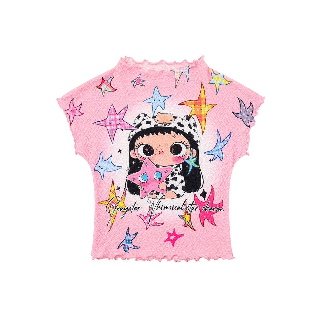 Original Cartoon Star Cool Sweet Style Short Sleeve Slim Fit Women's T-shirt Summer Home Cute Short Top with Wood Grain