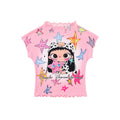 Original Cartoon Star Cool Sweet Style Short Sleeve Slim Fit Women's T-shirt Summer Home Cute Short Top with Wood Grain