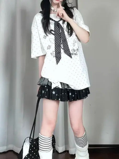 Cute  Polka Dot Tie Splice Short Sleeve T-Shirt Women Summer Loose Top Adorable Checkered Pattern round Neck Pullover