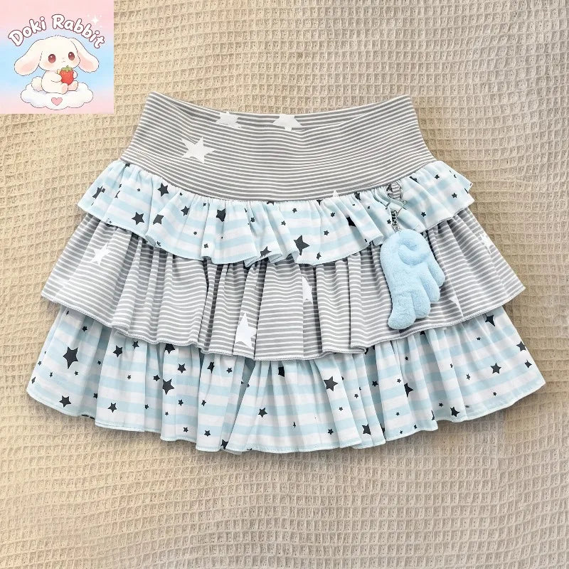 Summer Y2k Harajuku Mini Skirt Women High Waist Ruffle Trim Casual Party Music Festival Wear Korean Popular Kawaii Lolita Skirt