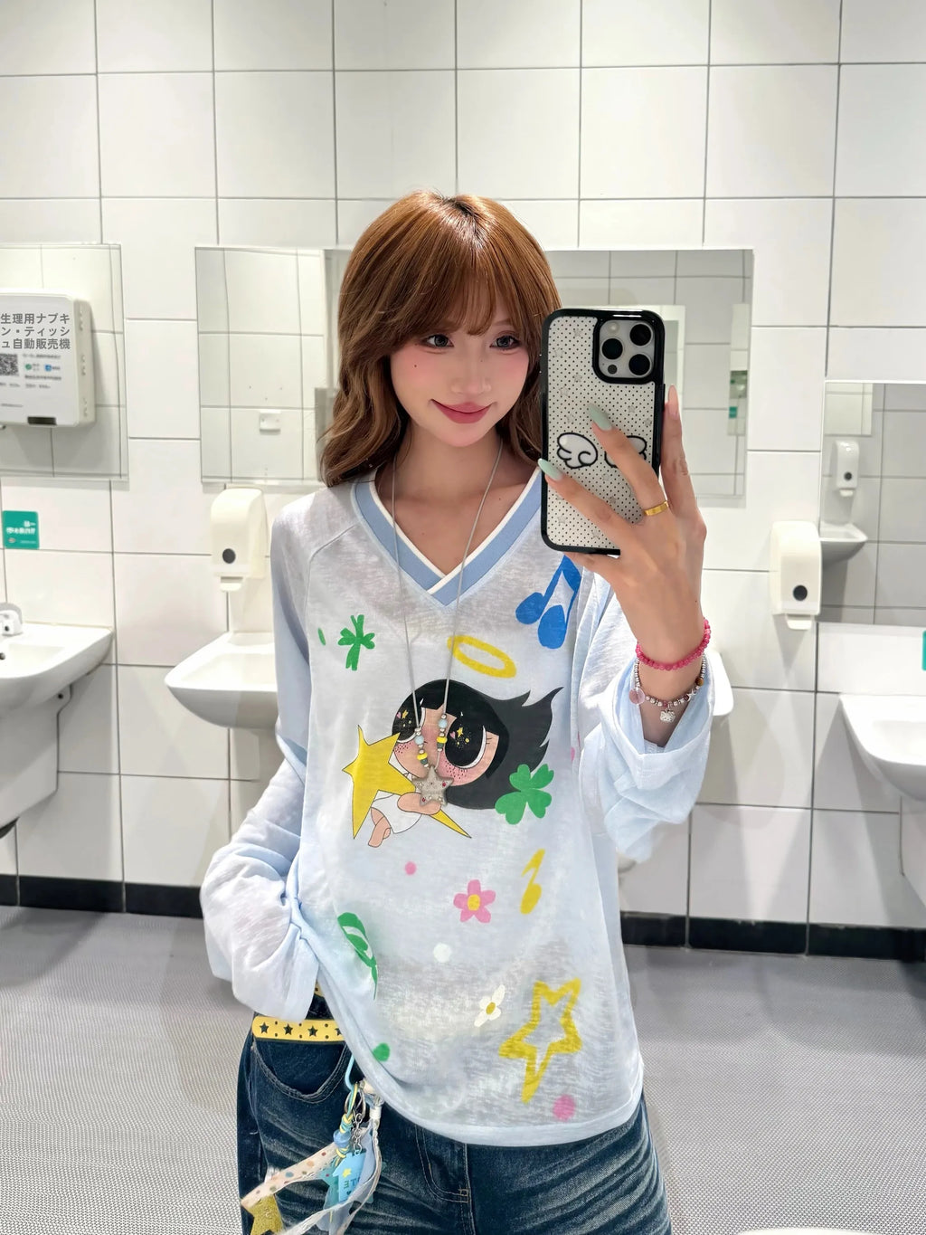 BeOurRule Long Sleeve T-Shirt Women's Y2K Slim Fit Printed V-Neck Shoulder Insert Design Casual Fashion Polyester Blend Top