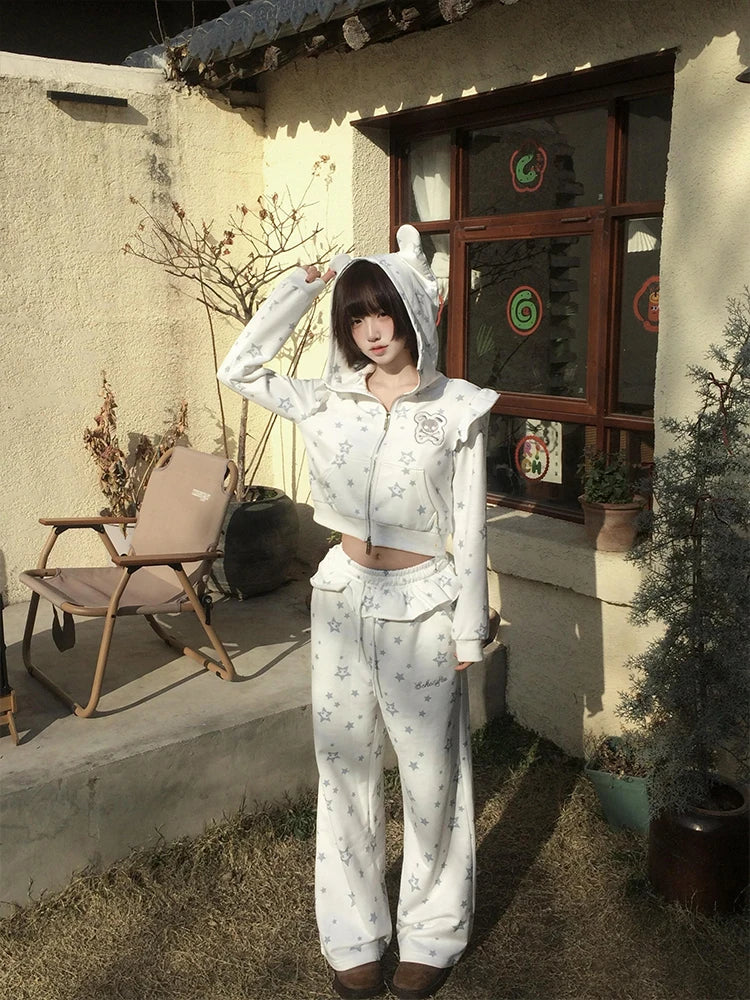 Cute Skull Ear Hoodie Sweatshirt Set Spring Long Sleeve Zipper Closure Matching Tulle Pants Two-Piece Set Fashionable Outfit
