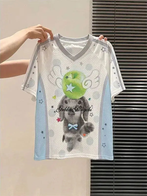 Korean Style Loose Fit Short Sleeve T-Shirt Unisex Comfortable Cotton Polyester Blend Print Contrast Color Block Trendy Top