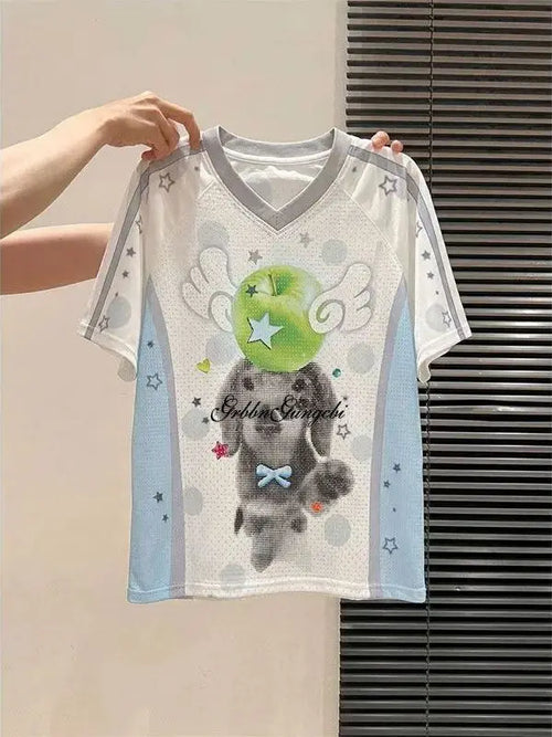 Korean Style Loose Fit Short Sleeve T-Shirt Unisex Comfortable Cotton Polyester Blend Print Contrast Color Block Trendy Top