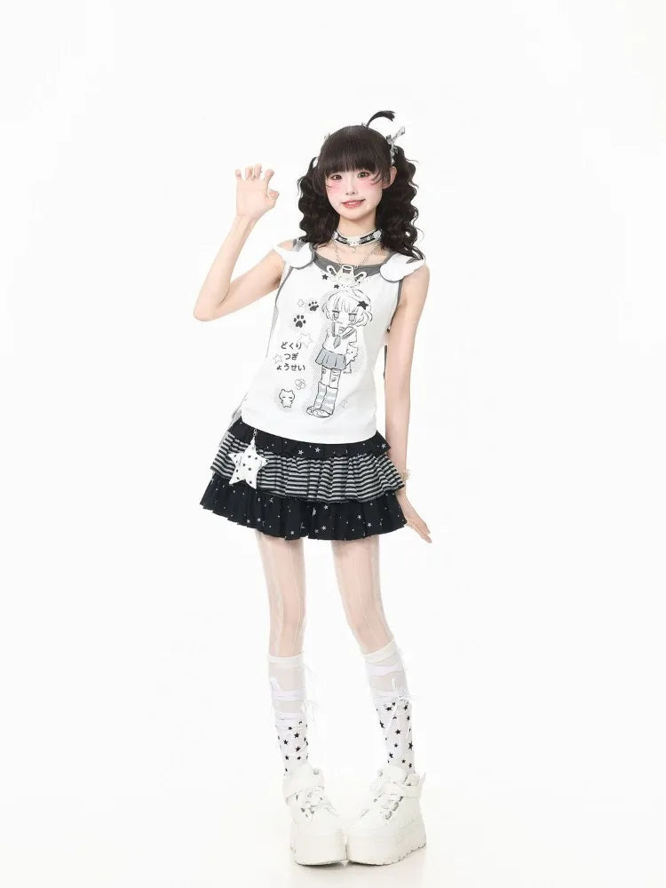 Japanese Style Kawaii Women Tank Tops Cute Anime Fake Two-piece Tops White Black Sleeveless Camis Juminocore Sweet Y2k