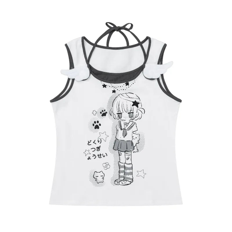 Japanese Style Kawaii Women Tank Tops Cute Anime Fake Two-piece Tops White Black Sleeveless Camis Juminocore Sweet Y2k