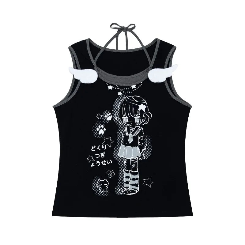 Japanese Style Kawaii Women Tank Tops Cute Anime Fake Two-piece Tops White Black Sleeveless Camis Juminocore Sweet Y2k