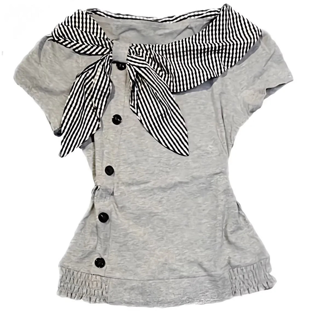 Richgirl American Retro Style Irregular Short-Sleeved T-Shirt Millennium Subculture Vintage Plaid Navy Collar Top