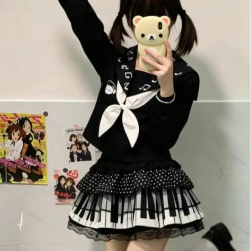 Harajuku Subculture Punk Retro Black And White Piano Keys White Polka-dot Lace Stitching Skirt Sexy Ruffled Waist Skirt Female