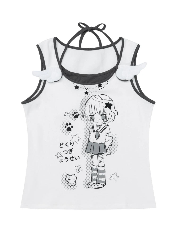 Japanese Style Kawaii Women Tank Tops Cute Anime Fake Two-piece Tops White Black Sleeveless Camis Juminocore Sweet Y2k