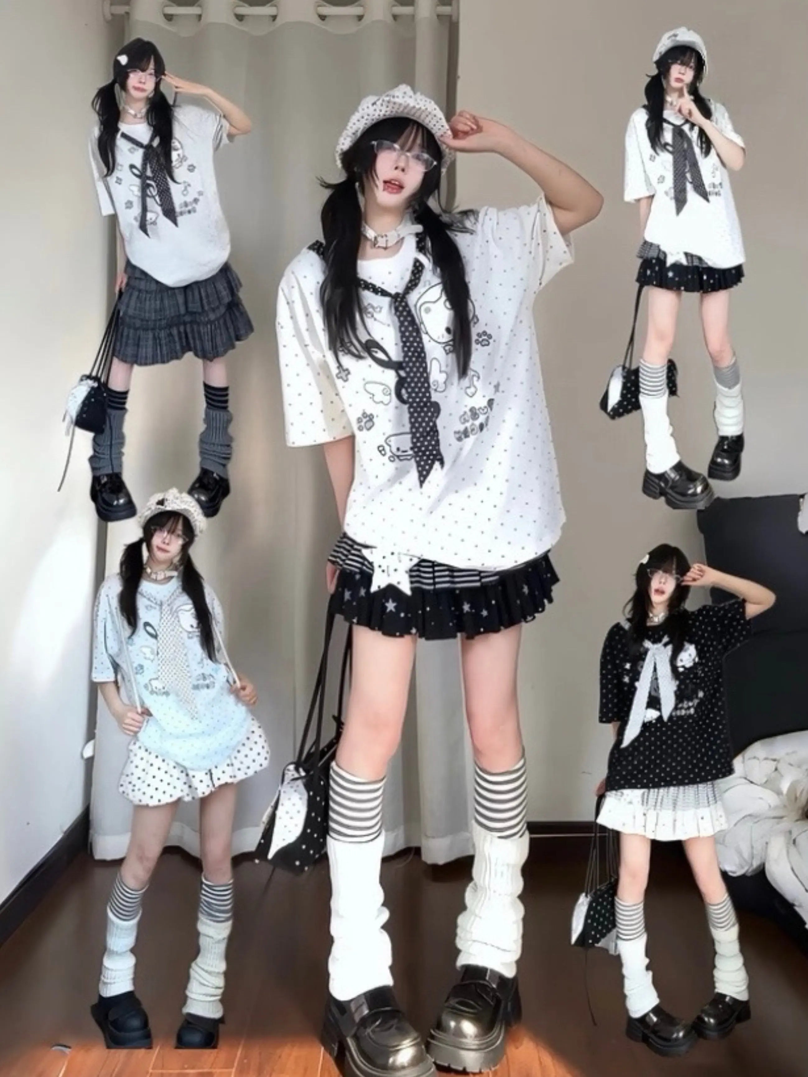 Cute  Polka Dot Tie Splice Short Sleeve T-Shirt Women Summer Loose Top Adorable Checkered Pattern round Neck Pullover