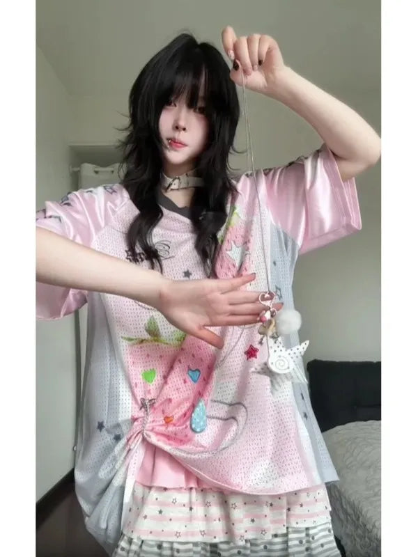 Y2K Style Fruit Pattern Short Sleeve T-Shirt Women's Loose Korean Style Summer Top Fun Print Casual American Feeling