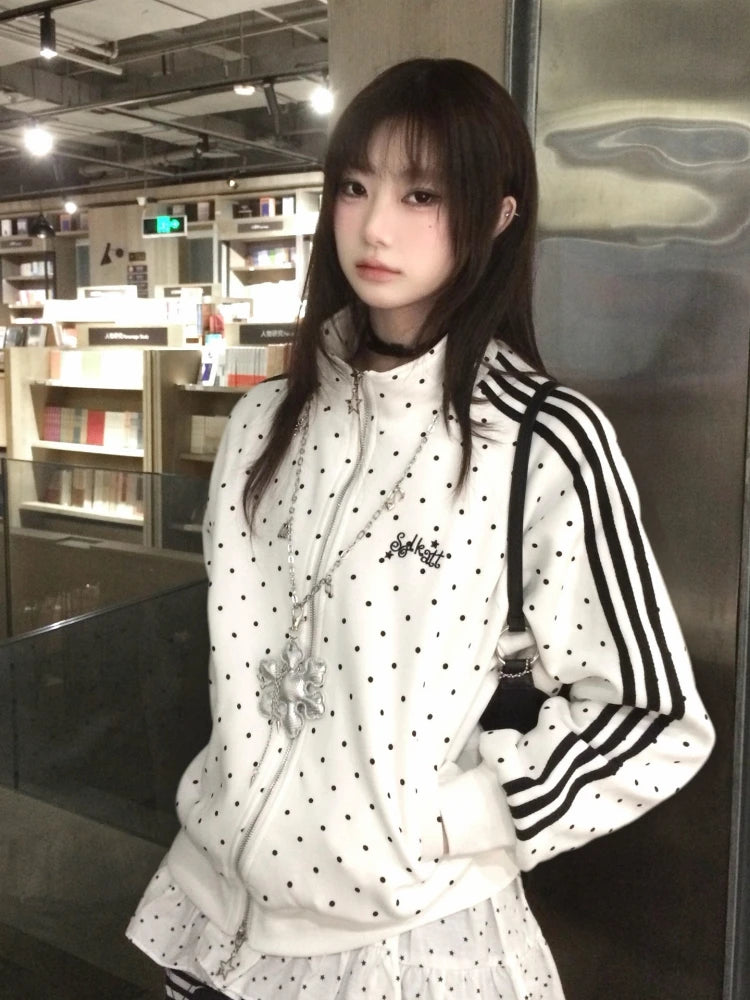 Japanese Style Polka Dot Jacket Women's Spring New Sport Stand Collar Sweatshirt Open Cardigan Y2K Light Asian Style Top